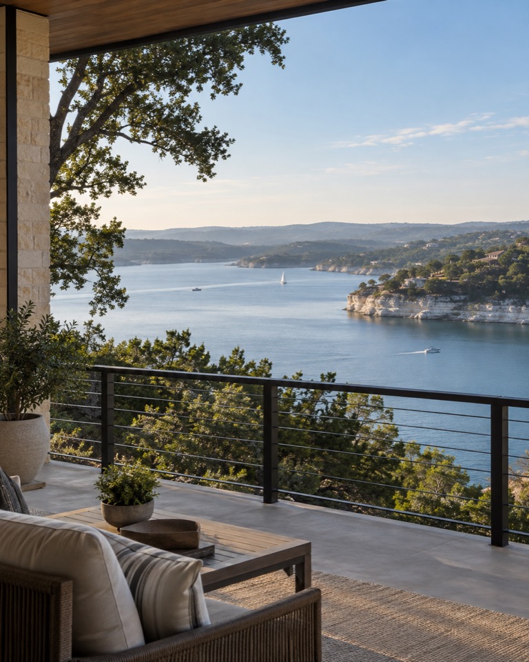 A calm Lake Travis view from a contemporary home balcony.